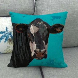 Artistic oil painting cow linen pillow case on a grey sofa with colorful turquoise background
