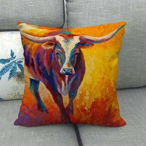 Artistic oil painting style longhorn cattle linen pillow cover on a modern gray sofa