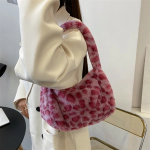 Stylish pink leopard print plush shoulder bag for women with soft faux fur texture