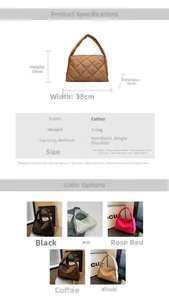 Tableau des tailles et options de couleurs pour le sac à main matelassé à losanges