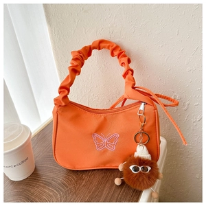 Orange nylon shoulder bag with butterfly embroidery and ruched handle detail