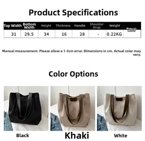 Guía de tallas con dimensiones y colores para el bolso tote de lona de gran capacidad