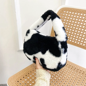 Sac à Main en Peluche Motif Vache pour Femme Fausse Fourrure Motif Floral Sac sous le Bras Doux Hiver Petit Sac Carré Casual