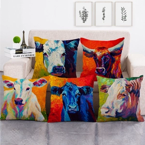 Artistic Cow Bull Oil Painting Linen Decorative Pillowcase Cushion Cover Square Sofa Home Decor