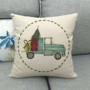 Christmas cushion cover with vintage green truck and tree on beige cotton linen fabric
