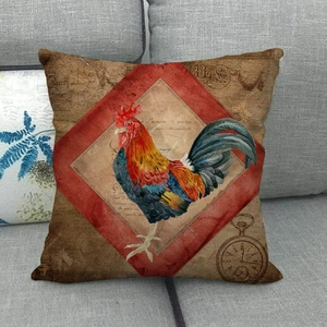 Cuscino vintage in lino con stampa gallo e scritte francesi su divano grigio