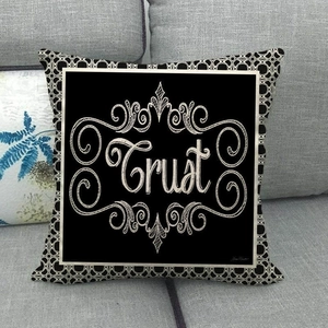 Linen square throw pillow cover with black Trust letter print and vintage scroll patterns