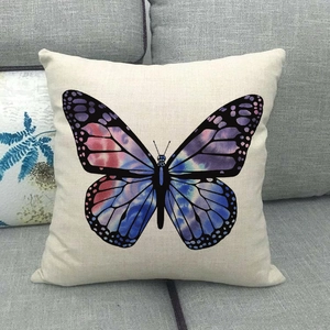 Detailed fabric texture of a cotton linen pillowcase with watercolor butterfly print
