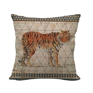 Vintage linen pillowcase with tiger art and geometric patterns on a white background