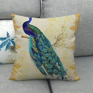 Housse de coussin carrée en lin avec motif de paon européen pour décoration de canapé