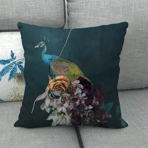 Retro linen style throw pillow cover with oil painting peacock and floral pattern