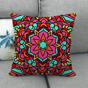 Close-up of bohemian mandala pattern on linen pillowcase with vivid floral textures