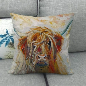Artistic oil painting style Highland Cow linen pillowcase on a modern grey sofa