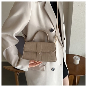 Dettaglio della piccola borsa quadrata beige goffrata coccodrillo con manico e fibbia