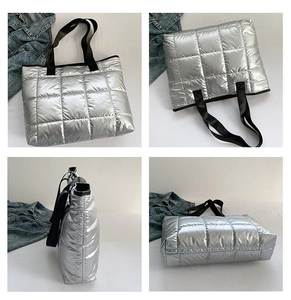 Detailed views of silver quilted tote bag with black handles and metal texture finish