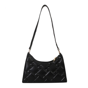 Minimalist black woven faux leather shoulder bag with gold hardware for women