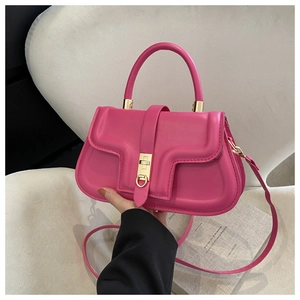 Detail of hand holding rose pink saddle bag with golden ring clasp and top handle