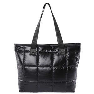 Minimalist black quilted tote bag with puffer fabric and large capacity design