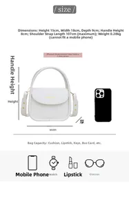 Detailed dimensions of the small white crossbody bag showing 18x15x9cm size and weight