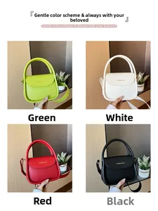 Collage of four stylish square handbags in green, white, red, and black solid colors