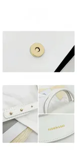 Detail of white leather shoulder bag with gold magnetic buckle and rivet strap