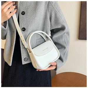 Detail view of a white minimalist structured handbag with gold buckles and fashion lettering