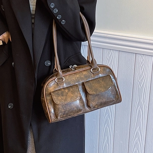 Retro brown distressed leather tote bag with double pockets and dual handles for women