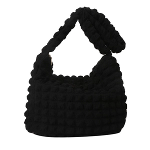 Minimalist black bubble texture popcorn shoulder bag with 3D pleated design and zipper closure