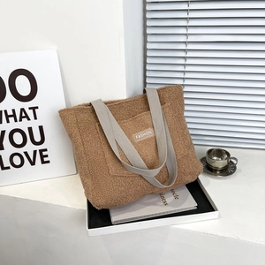 Women Large Capacity Sherpa Fleece Tote Bag Fashion Simple Plush Shoulder Bag Winter Casual Daily Handbag Minimalist Shopping Bag
