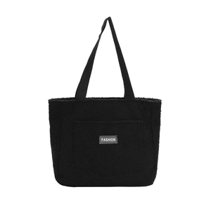 Large black sherpa tote bag for women featuring a minimalist Fashion patch design