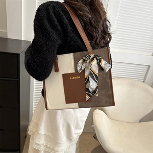 Three-color patchwork tote bag with silk scarf decoration and fashion logo on the front