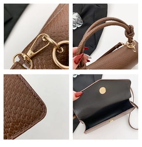 Detailed views of brown snakeskin crossbody bag with knotted handle and gold metal hardware