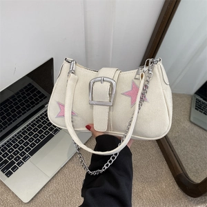 Y2K Retro Canvas Underarm Shoulder Bag With Pink Star Embroidery Large Silver Buckle And Metal Chain Streetwear Cool