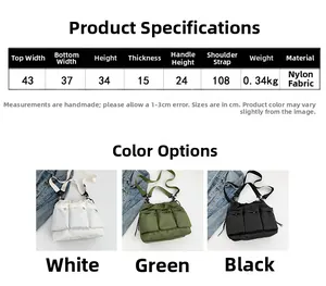 Detailed size chart and specifications for the large capacity nylon shoulder bag