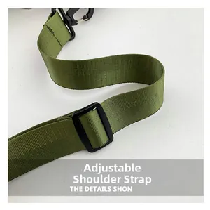 Detail of adjustable military green nylon shoulder strap with durable buckle and hook