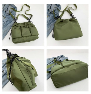 Detailed views of olive green nylon crossbody bag with three pockets and drawstring
