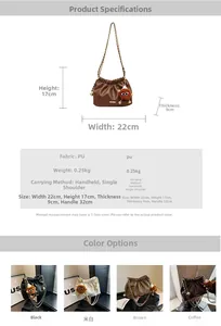 Detailed size chart and multi-color options for the stylish PU leather bucket bag with chain