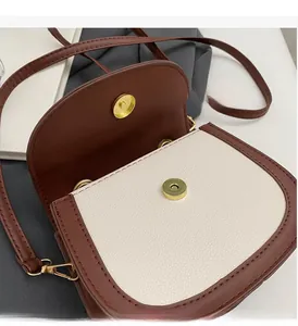 Détail du sac à main marron et beige avec fermoir magnétique doré et crochet de bandoulière