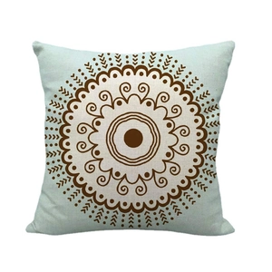 Linen decorative square pillowcase featuring dark brown geometric mandala pattern