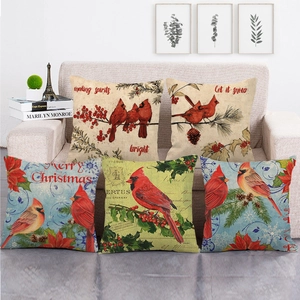 Christmas Cardinal Bird Throw Pillow Cover Vintage Linen Decorative Cushion Case For Sofa Winter Holiday Home Decor
