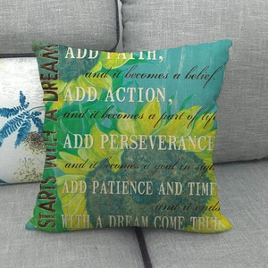 Housse de coussin en lin à motif tournesol sur fond bleu sarcelle avec citations inspirantes