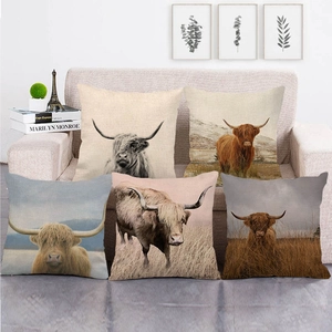 Highland Cow Decorative Cushion Cover Linen Pillowcase Scottish Cattle Print Square Couch Throw Pillow Case Home Decor