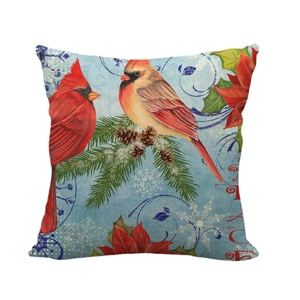 Christmas red cardinal bird linen pillowcase with Peace text and floral pine motifs