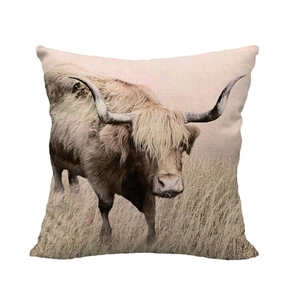 Linen highland cow print decorative throw pillow cover with rustic landscape design