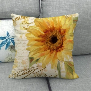 Housse de coussin en lin vintage avec imprimés de tournesols et lettrage artistique rétro