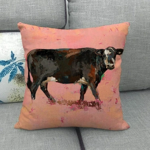 Detailed texture of linen cushion cover featuring oil painting cow on pink gradient