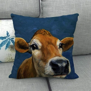 Macro detail of the cow oil painting print on the linen square decorative sofa pillowcase