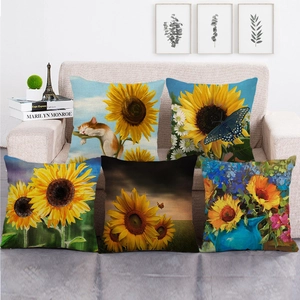 Fodera per Cuscino Decorativa in Lino con Girasoli Quadrata Stampa Floreale Artistica con Animali per Soggiorno