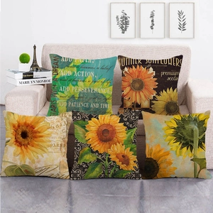 Housse de Coussin en Lin Tournesol Vintage Taie d'Oreiller Carrée Décorative pour Canapé Maison Salon