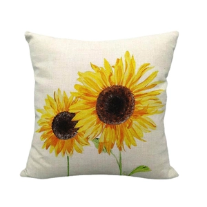 Housse de coussin carrée en lin avec motif de tournesols jaunes sur fond blanc